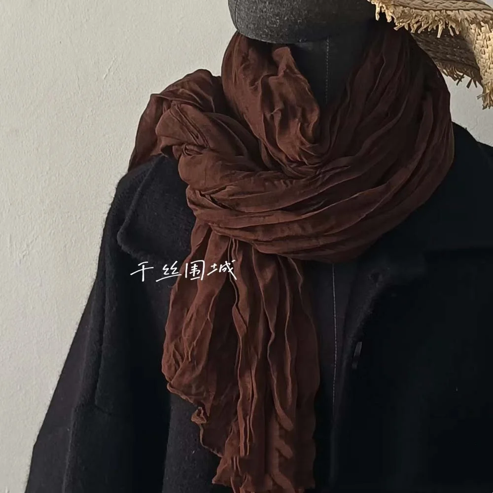 VREOVOR Einfarbig Schal Retro Herbst Winter Neue Plissee Grün Retro Dünne Lange Streifen Schal Männer und Frauen Warme Seide – Detail 4