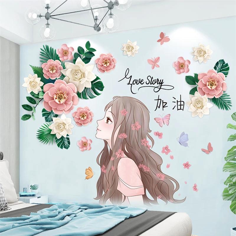 

[shijuekongjian] Flowers Plants Wall Stickers DIY Cartoon Girl Wall Decals for Living Room Kids Bedroom Nursery Home Decoration