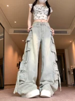 Women's Blue Multi Pocket Cowboy Pants Cargo Y2K Japanese Harajuku Streetwear Aesthetics Retro 90S Jeans Pants Clothing 2025 New - Image 4