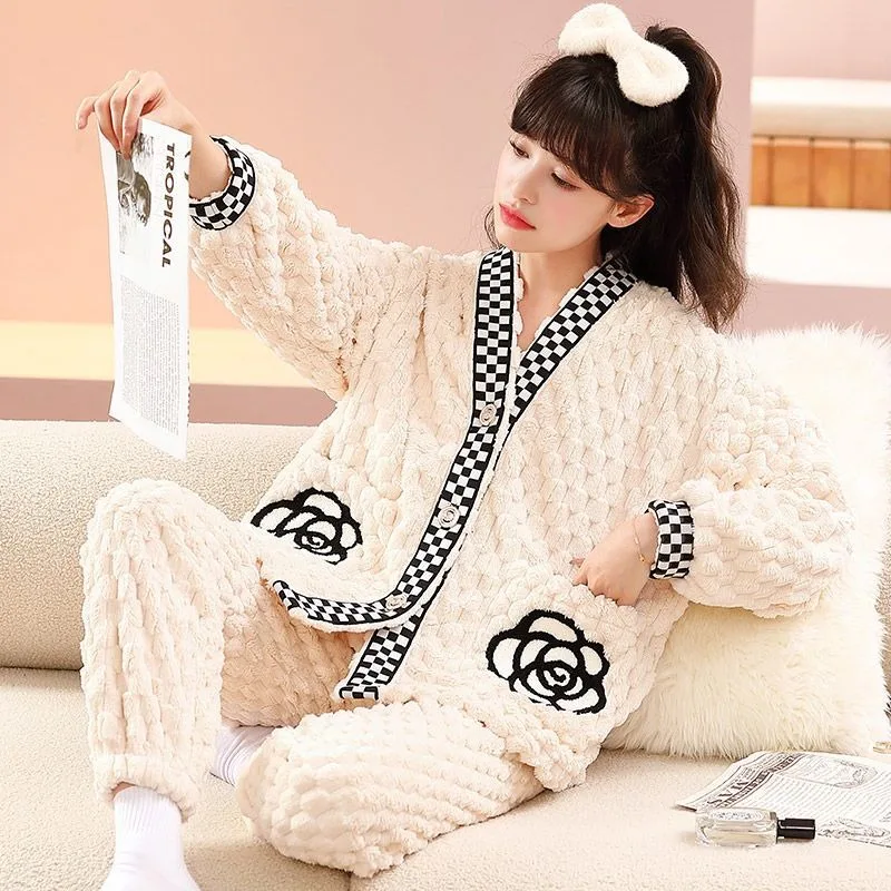 2023 Pajama Ladies Winter Autumn V-neck Plus Velvet Thickening Cartoon Cute Sweet Leisure Wear Can Wear Home Clothes