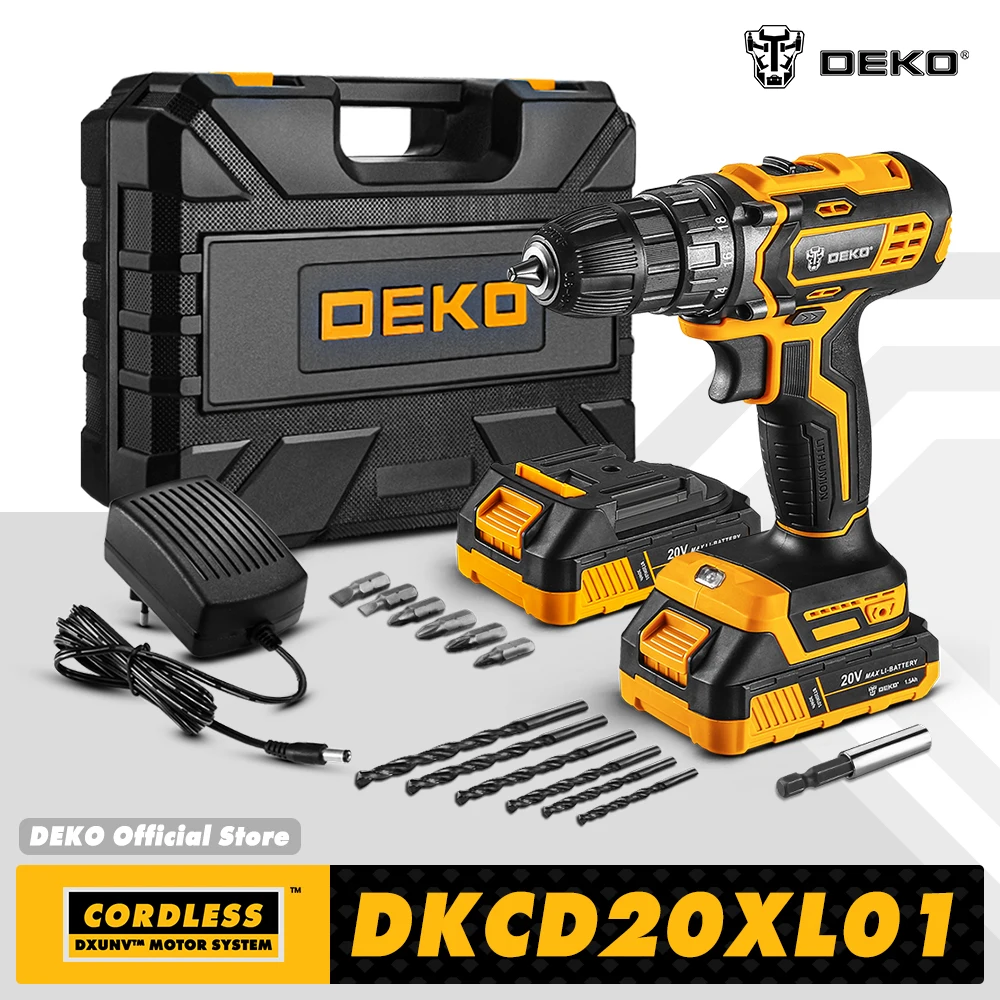 DEKO New 20V Cordless Drill Driver, 40N.m Electric Screwdriver,1500mAh Lithium-ion Battery,Fast Charger Power Tools for Home DIY