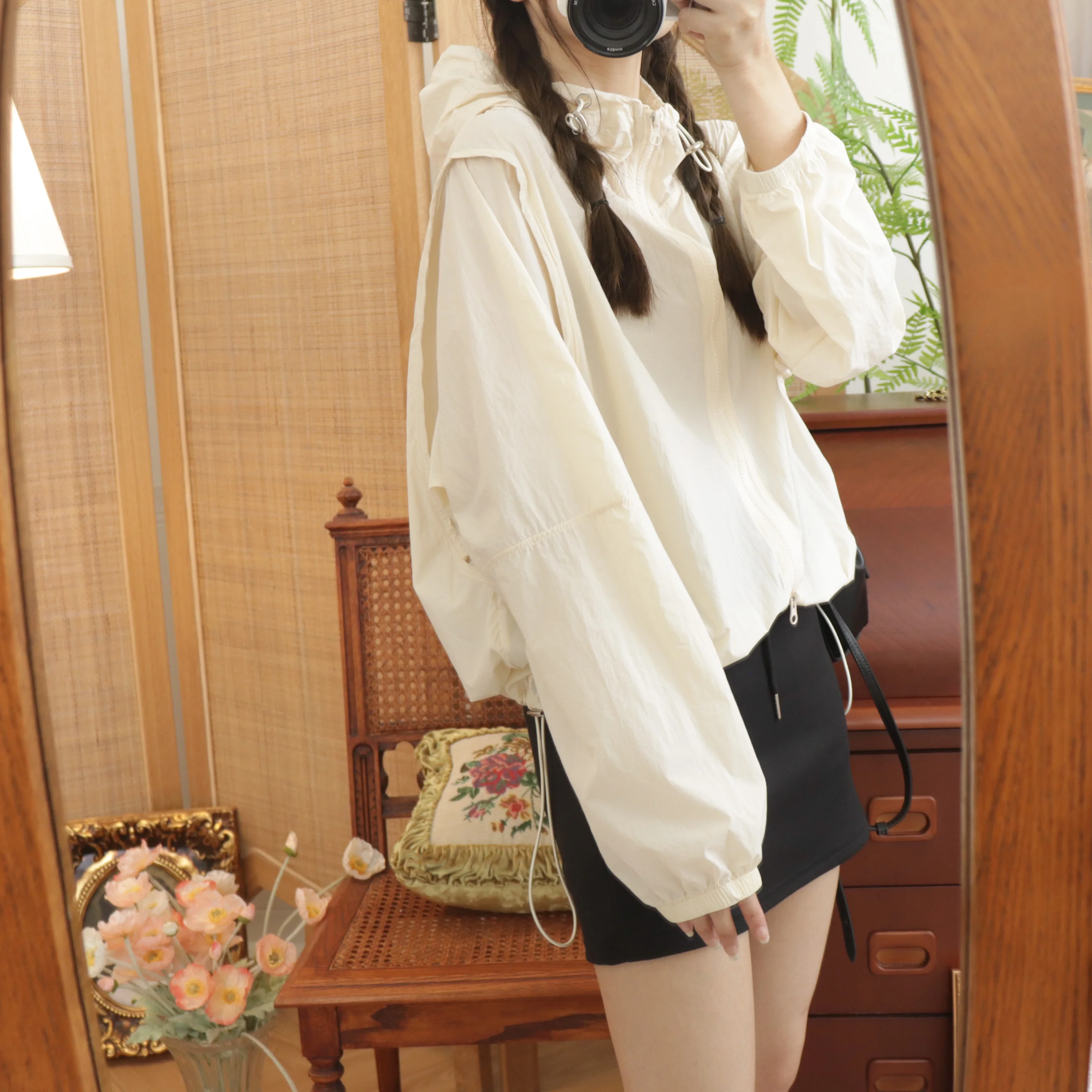 캠핑카화물 바람 Drawstring 후드 느슨한 작은 여름 태양 보호 경량 짧은 재킷 겉옷 여성 F 6205