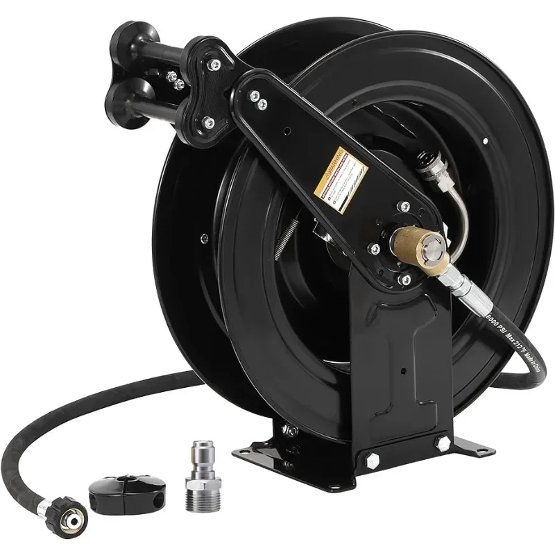 

FIXFANS High Pressure Washer Hose Reel for Water/Air/Oil, 3/8" X 50 FT Steel Dual Arm Auto-Retractable Power Wash Hose Reel