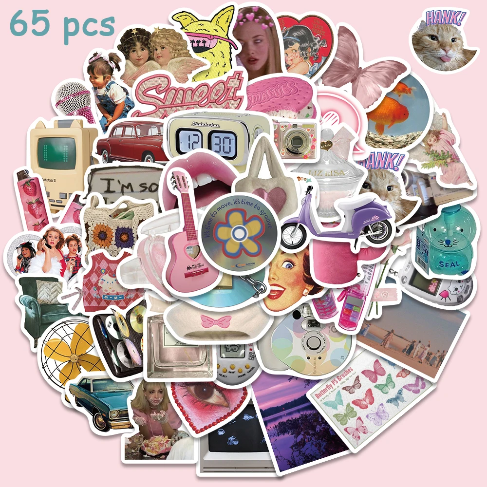 65pcs Retro Millennium Style Y2K Girls Kawaii Stickers Funny Cute Decals For Girls Suitcase Phone Guitar Stickers Kids Toys