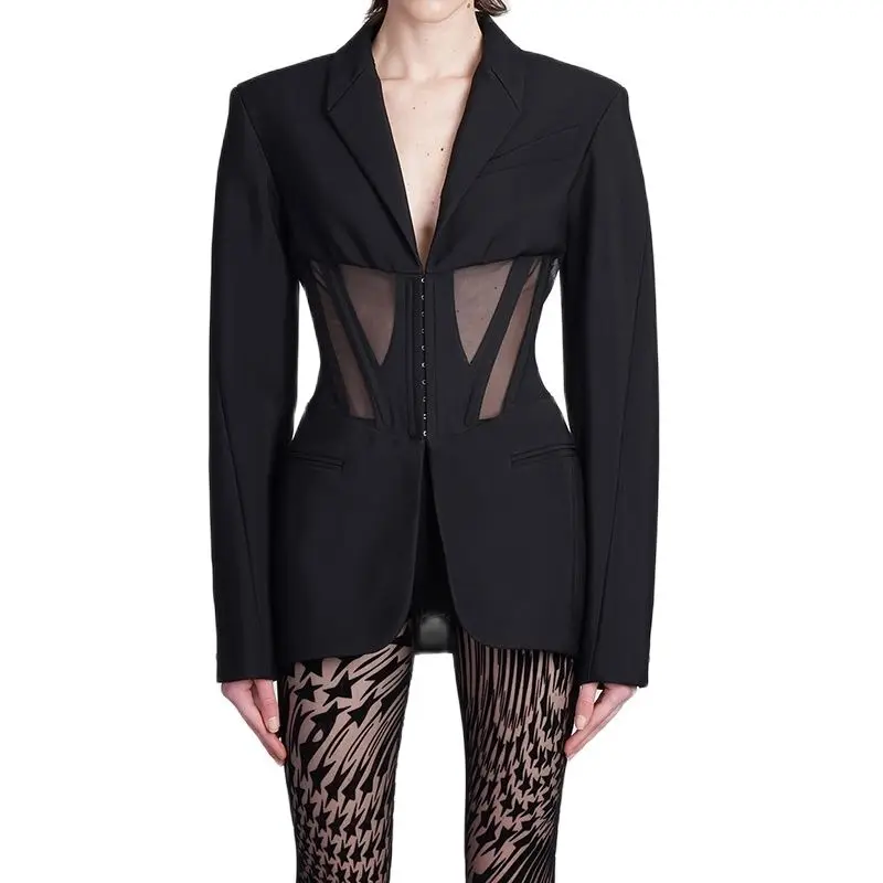 

Women's 2 Piece Sets Long Sleeve Fishbone Mesh Waist Suit Jacket Loose Wide-Leg Pants High Quality Runway Fashion Summer 2023