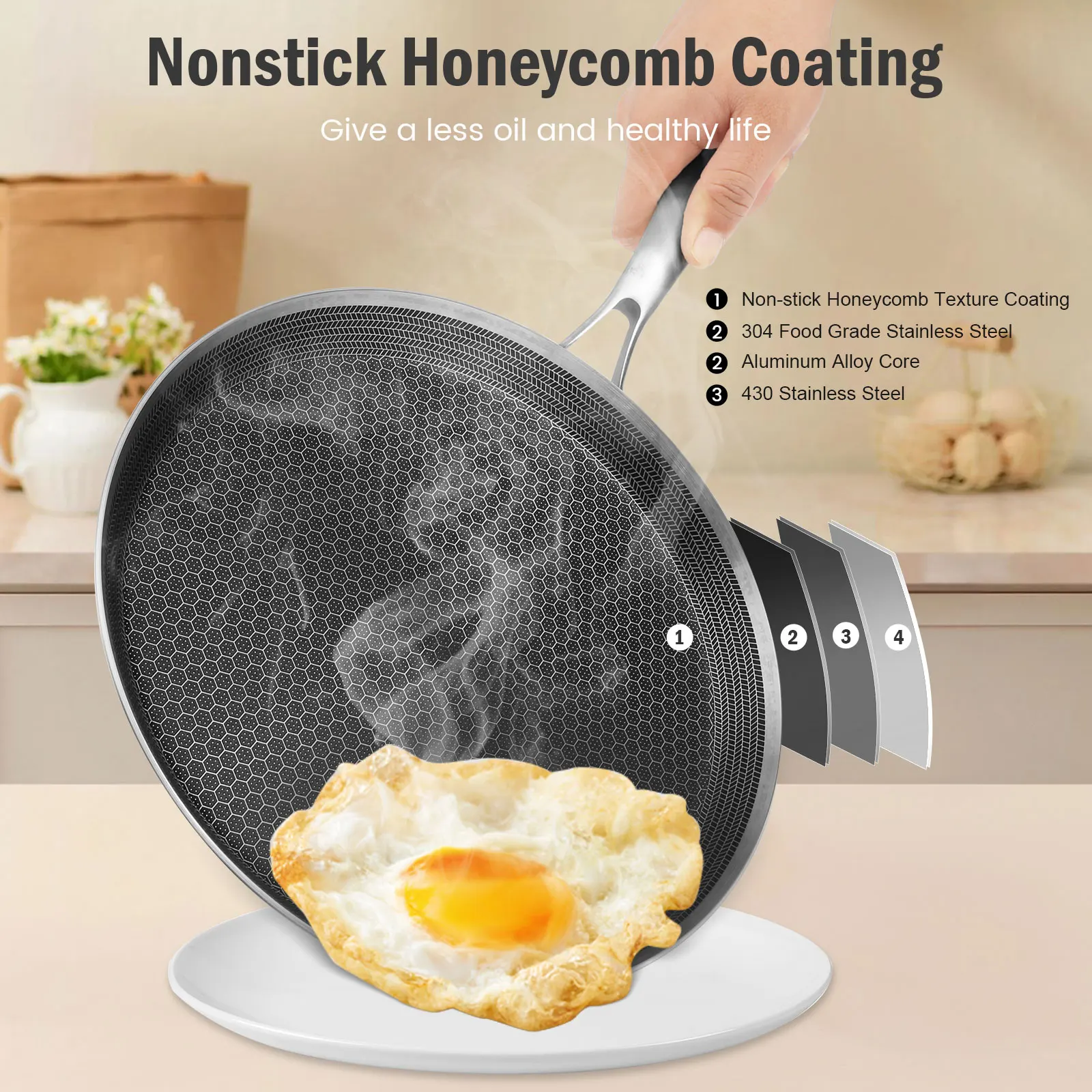 ZLFURLT 10-Inch Stainless Steel Grill Pan - Honeycomb Nonstick, Tri-Ply Bonded, Induction & Oven Safe - View #3