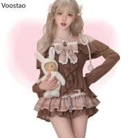 Japanese Sweet Lolita 2 Piece Sets Women Retro Off Shoulder Bow Blouse Tops Plaid Cake Mini Skirt Girls Kawaii Y2k Slim Outfits 1