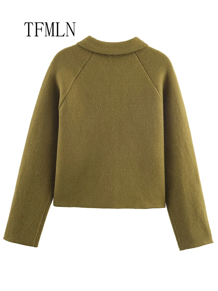 Causal 2025 Autumn Winter Women Knitted Sweaters Simple Turn Down Collar Zipper Cropped Cardigan Tops Retro Pockets Street Coats