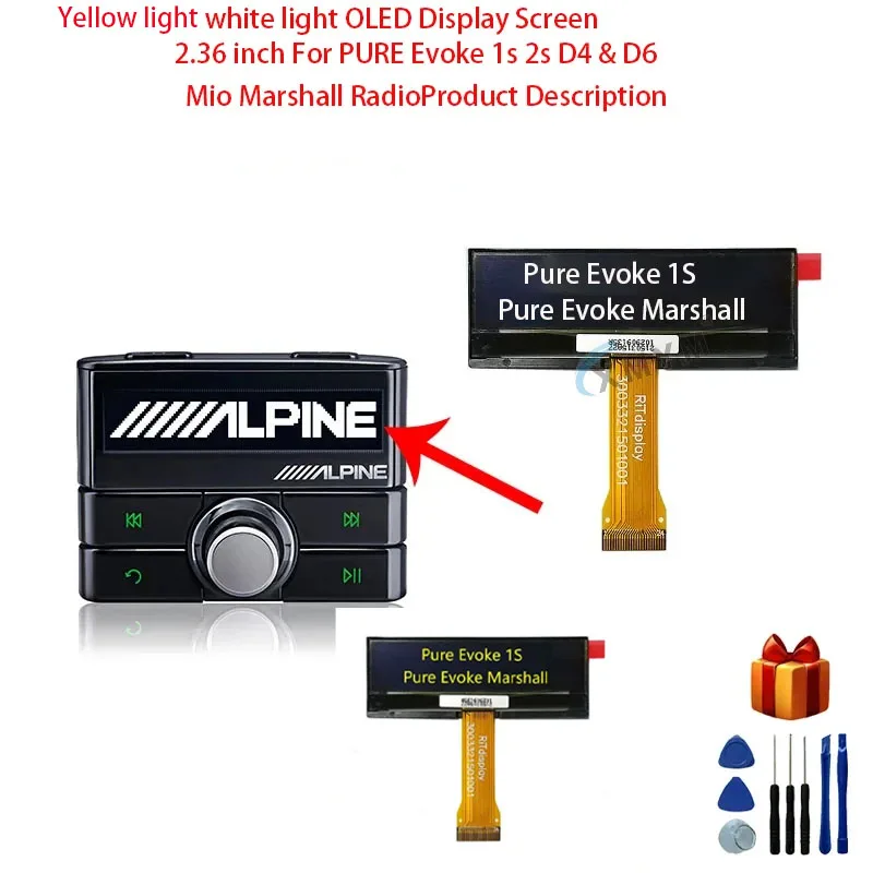 Yellow light/White light  OLED Display Screen 2.36 inch For PURE Evoke 1s 2s D4 & D6 Mio Marshall Radio