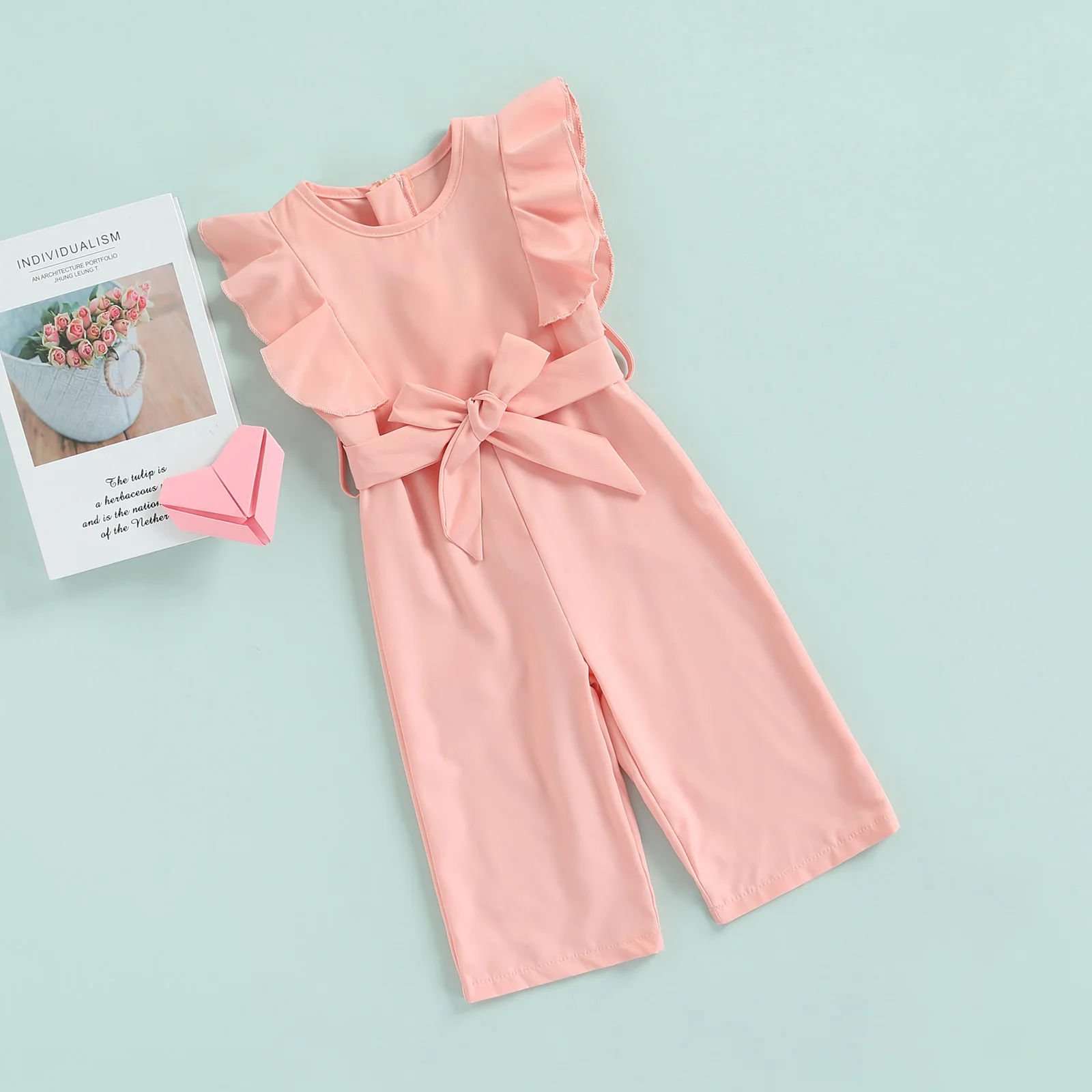 2022-02-12 Lioraitiin 1-6Years Toddler Baby Girl Summer Romper Off Shoulder Solid Pink O-Neck Jumpsuit Casual Clothing 2