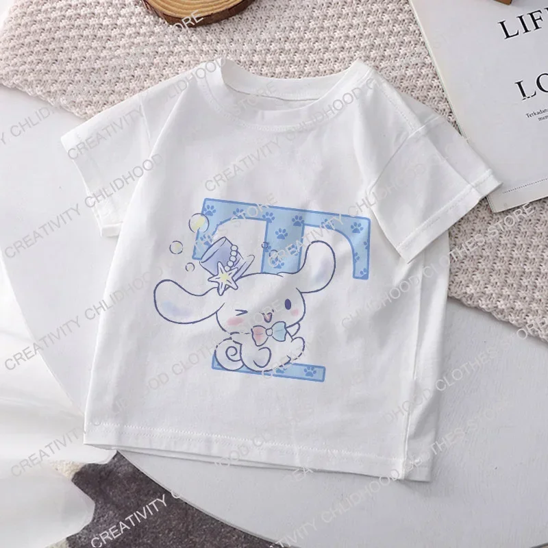 Cinnamoroll Children T-shirt Letter A B C D Name Combination Sanrio Kawaii Girls Tee Shirts Cartoons Casual Clothes Kid Boy Tops 2