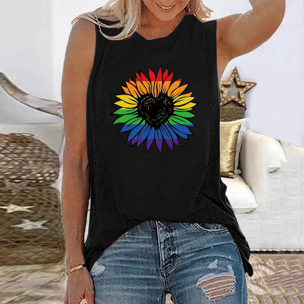 

Seeyoushy Colorful Sunflower Print Harajuku Women T-shirts Round Neck Sleeveless Summer Loose T Shirt 90's Girls Tees Tops
