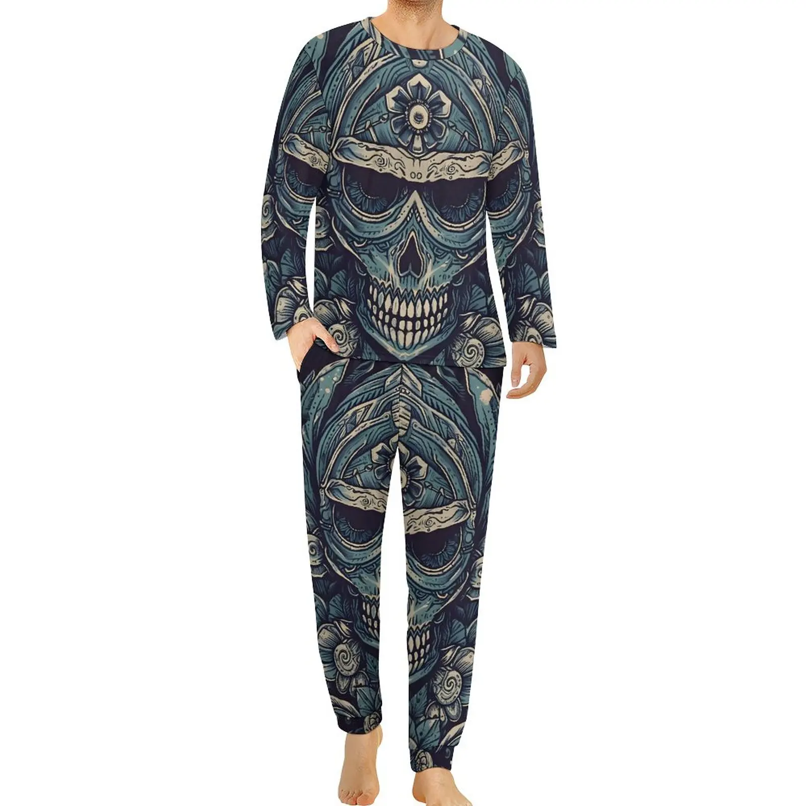 

Gothic Print Pajamas Long Sleeves Blue Skull 2 Piece Home Pajama Sets Daily Mens Custom Lovely Oversized Sleepwear