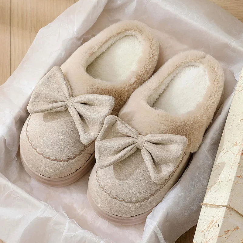 Korean Bow Detor Fluffy Slippers for Women Comfortable Non Slip Soft Sole Cotton Slippers Woman Closed Toe Warm Home Slids Lady
