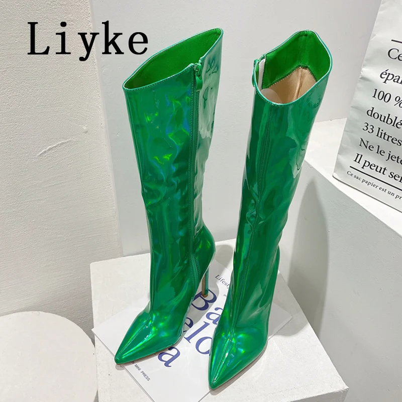Liyke 섹시한 파티 나이트클럽 스트리퍼 무릎 높이 부츠, 부드러운 페이턴트 가죽, 포인티드 토 힐, 지퍼 부츠, 녹색