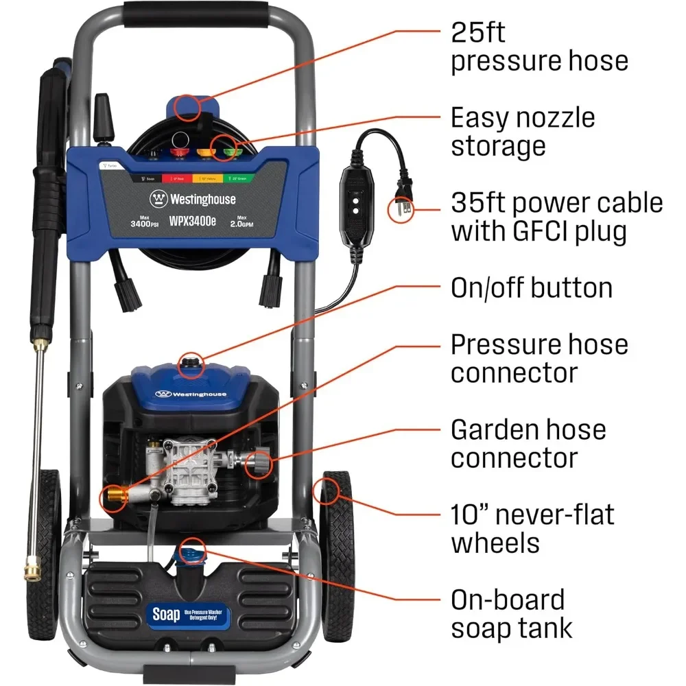 wpx3400e electric pressure washer, 3400 max psi and 2.0 max gpm, brushless motor, onboard soap tank, spray gun and wand, 5 nozz