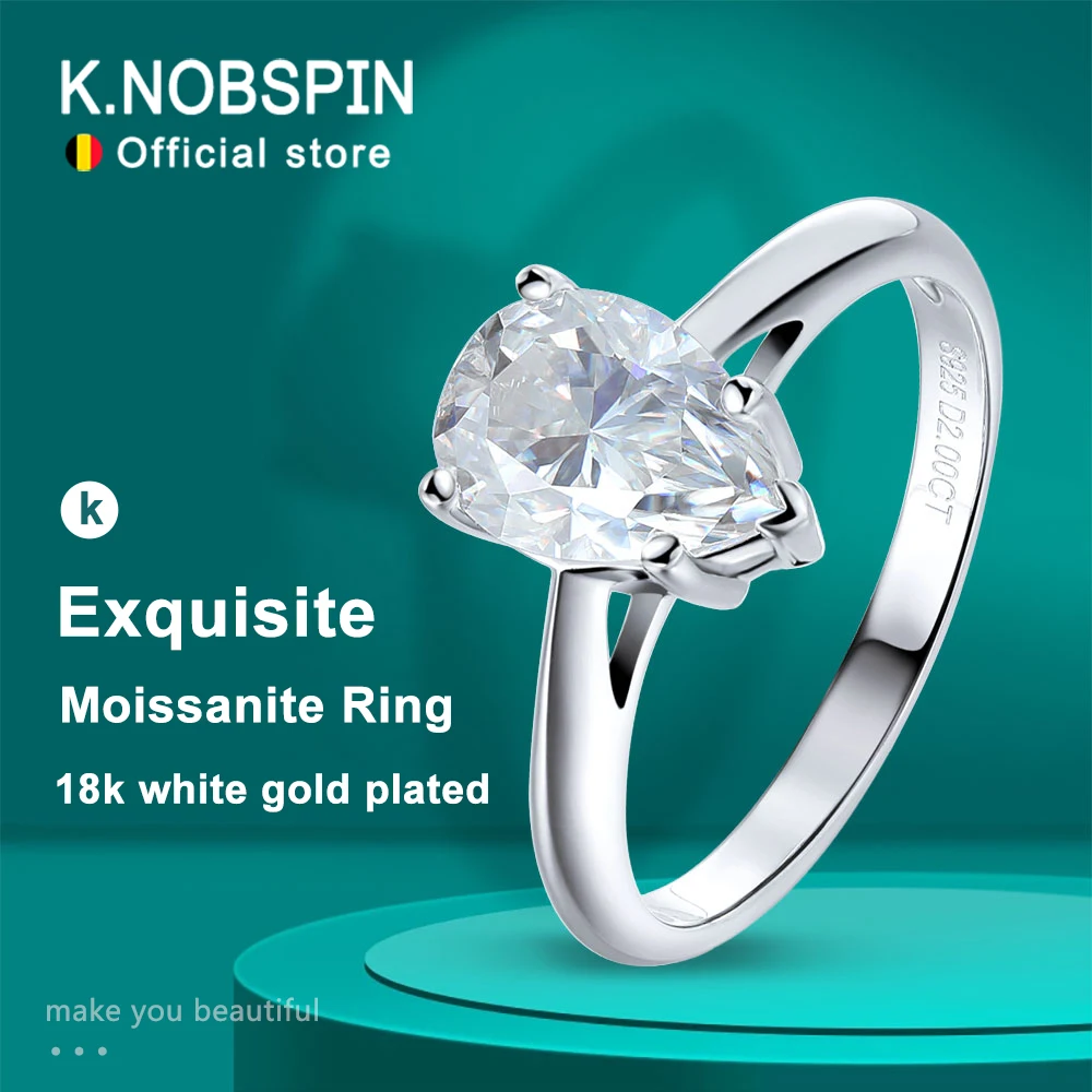 

KNOBSPIN 7*10mm 2ct Pear Cut Moissanite Solitaire Rings for Women D VVS1 Lab Diamond Fine Jewelry Solid 925 Silver Wedding Ring