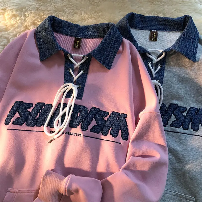 

2023 American Polo Shirt Sweatshirt Spring Autumn Loose BF Streetwear Fashion Tops Casual Hip-pop Pullovers for Woman