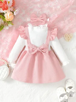 Abito a costine per bambina, vestito a maniche lunghe con fiocco e volant, con fascia per capelli, elegante set di abbigliamento