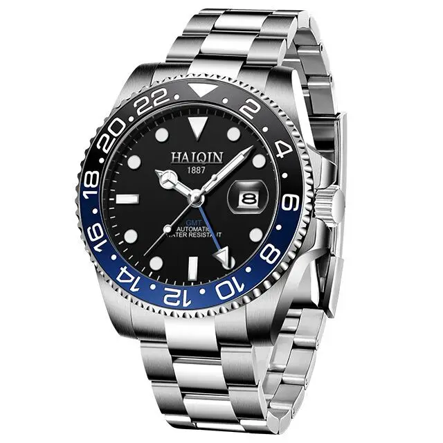 2022 New HAIQIN GMT Men's Mechanical WristWatch Luxury Automatic Watch For Men Stainless steel Waterproof Clock man Reloj Hombre 