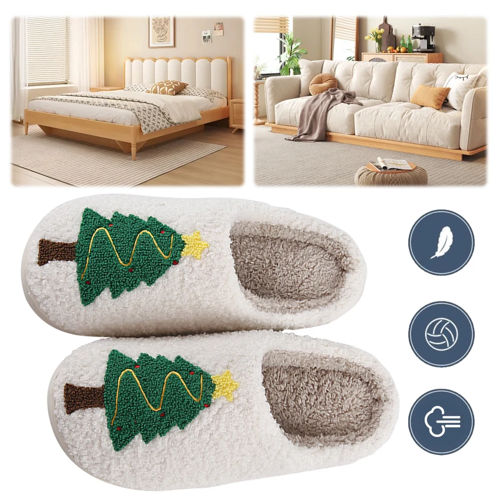 Christmas Tree Plush Slippers Warm Slip-on House Shoes Comfortable Flat Thermal Slippers Fluffy Home for Autumn Winter