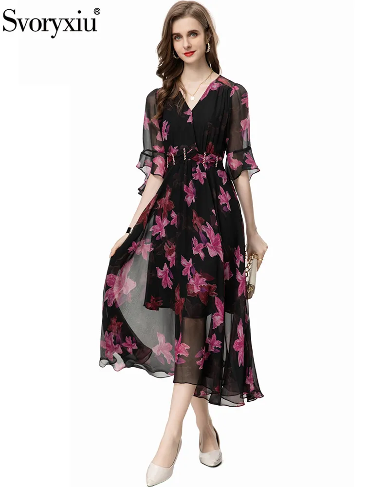 

Svoryxiu Runway Fashion Summer Vintage Floral Print Long Dress Women's V-Neck Flounces Sleeve Diamond High Waist Big Swing Dress