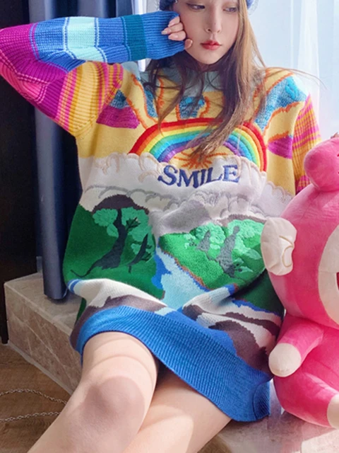 Oversize sweater with rainbow drawing