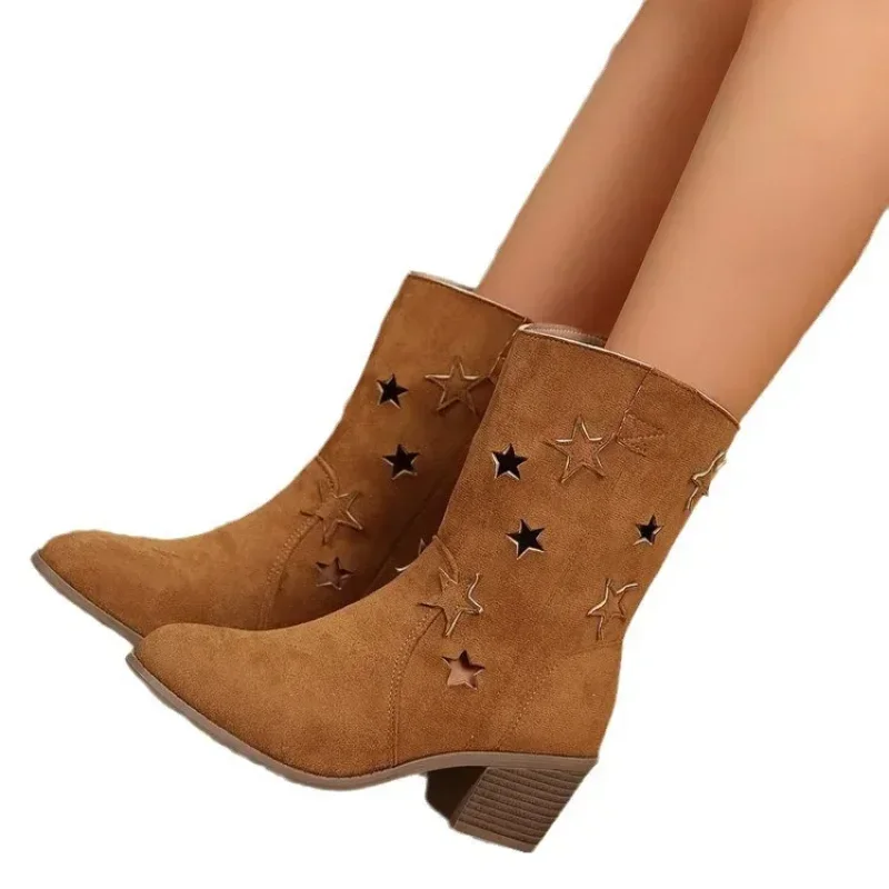 Retro Western Cowboy Boots for Women  Autumn New Suede Star Boots Chunky Heel Pointed Toe Mid Calf Boots Botas De Mujer