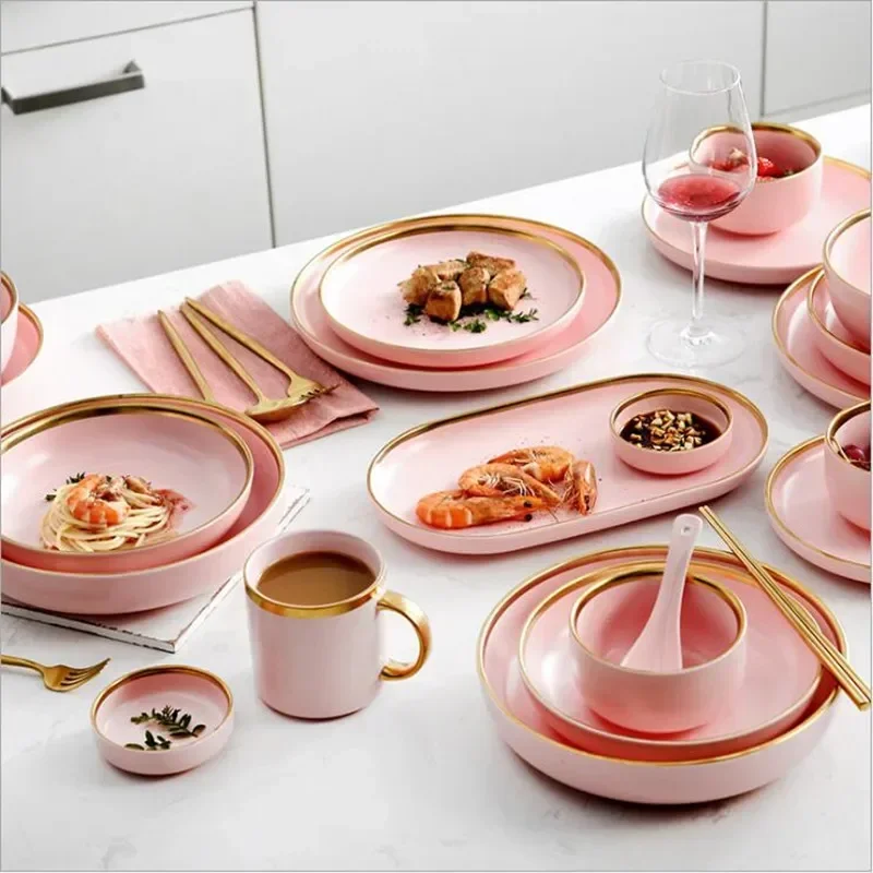 Gilt Rim Pink Dinner Porcelain Plate Set Plate Kitchen Ceramic Tableware Dishes Food Rice Salad Bowl Noodles Mug Cutlery Set 1pc