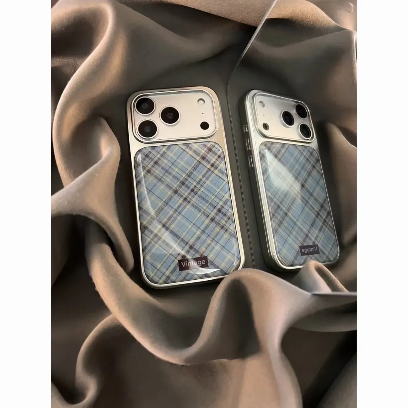 Retro Blue Brown Checkered Fashion Phone Case - Japanese and Korean Ins Style Y2K Cover