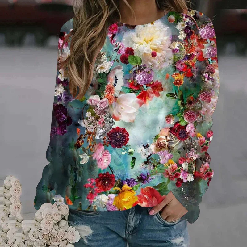 thumbnail image 1 of Camiseta de manga larga con estampado de pinturas al óleo en 3D de moda de primavera y otoño para mujer, jersey con estampado floral, ropa Harajuku, tops para mujer, 1 of 5