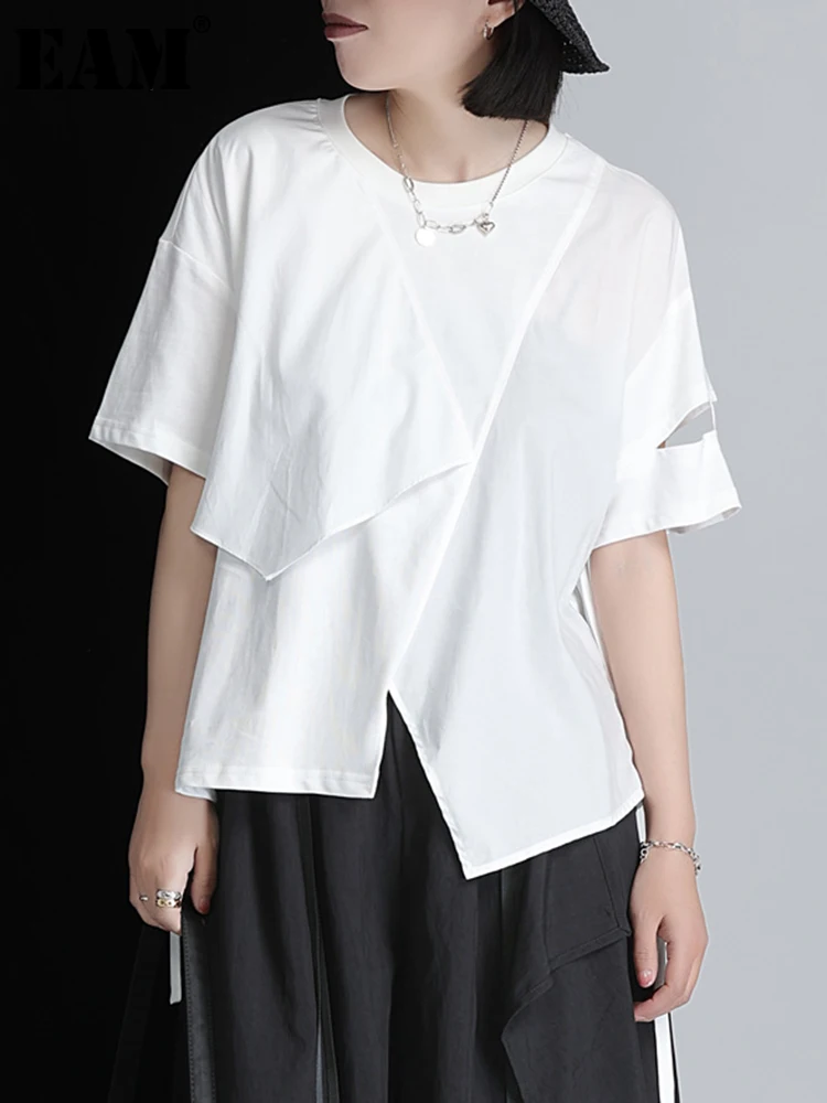 

[EAM] Women White Irregular Bandage Hollow Out Big Size T-shirt New Round Neck Short Sleeve Fashion Spring Summer 2024 1DF9869