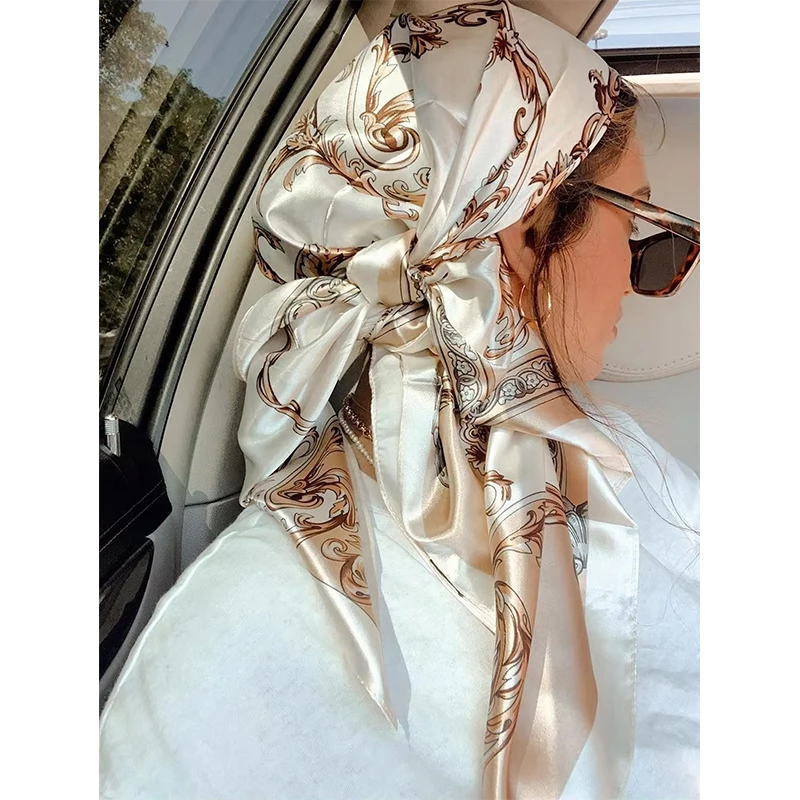 Fashion Square Silk Scarf Women Print Shawl Satin Muslim Hijab Female Neckerchief Wraps Headband Handle Hair Accessories Bandana