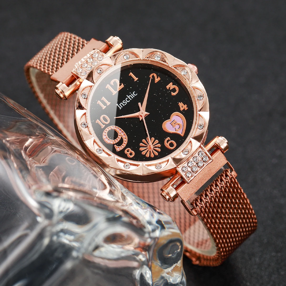 2pcs/set Women Magnetic Band Heart Dial Quartz Watch with Star Bangle