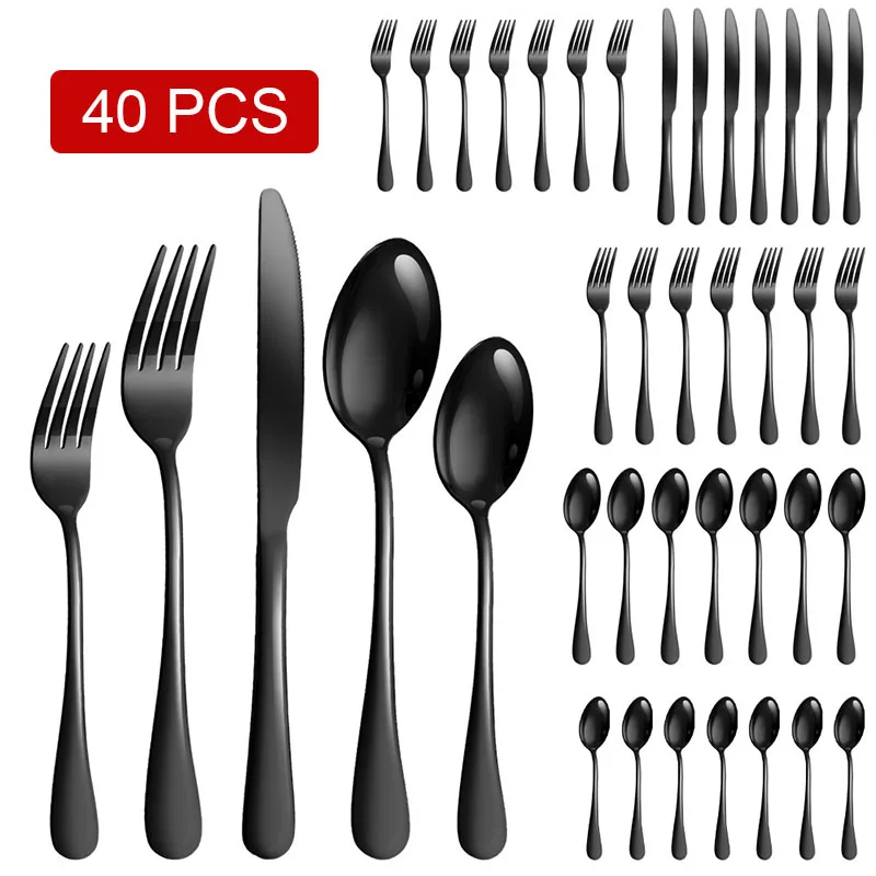 

40pcs Black Tableware Cutlery Set Stainless Steel Flatware Fork Knife Spoon Restaurant Home Daily Dinnerware Silverware