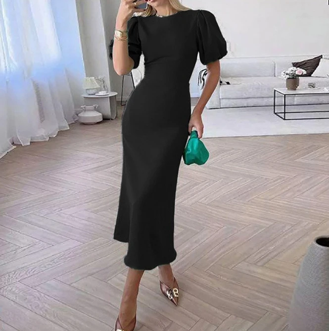 

2023 New Casual Autumn Temperament Commuter Daily Vocation Beach Fashionable and Minimalist Bubble Sleeved Long Dress for Women