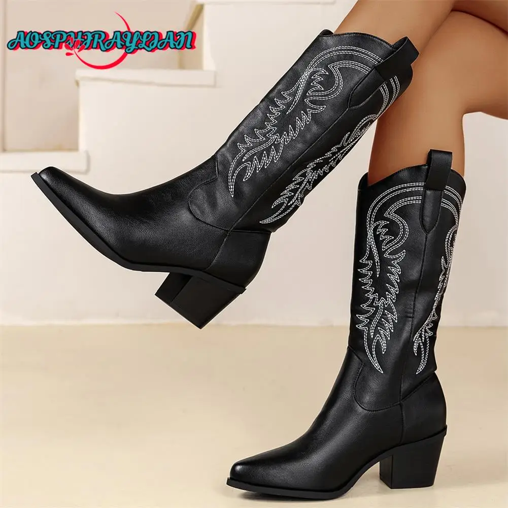 Брендовый дизайн, Женские винтажные ковбойские ботинки с вышивкой, модные женские ботинки с острым носком на массивном каблуке, модель 2023 года, повседневная женская обувь