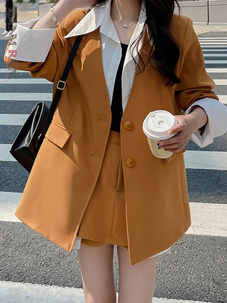

LANMREM Fashion 2 Pieces Set Women Contrast Color Spliced Blazer High Waist Mini Skirt Korean Style 2023 Autumn New 2AA2983