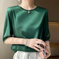 Summer satin Women Blouse Silky Loose Woman Shirt lady's half Sleeve tops Casual solid t-shirt O-Neck pullover women's clothing - Image 3