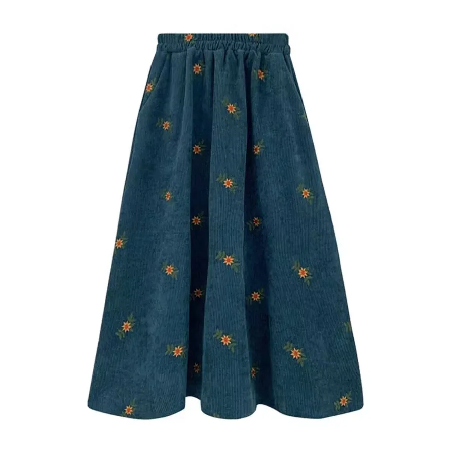 Retro Corduroy Embroidered A-Line Midi Skirt Women's Floral Design Autumn Winter High Waist Loose Fit Pure Color Forest System