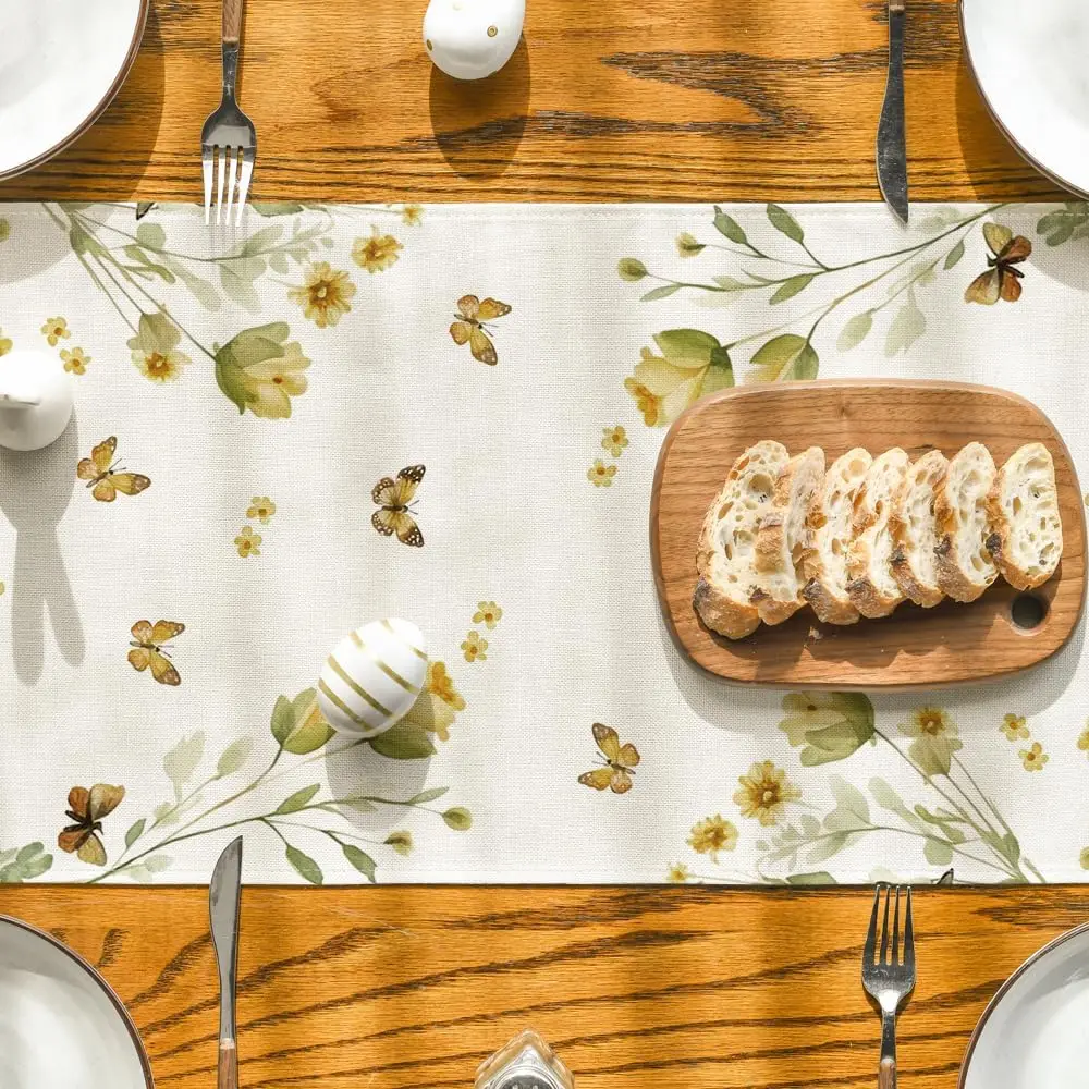 Easter Bunny Eggs Butterfly Floral Linen Table Runner Holiday Party Decor Spring Kitchen Dining Table Runner Easter Decorations 5