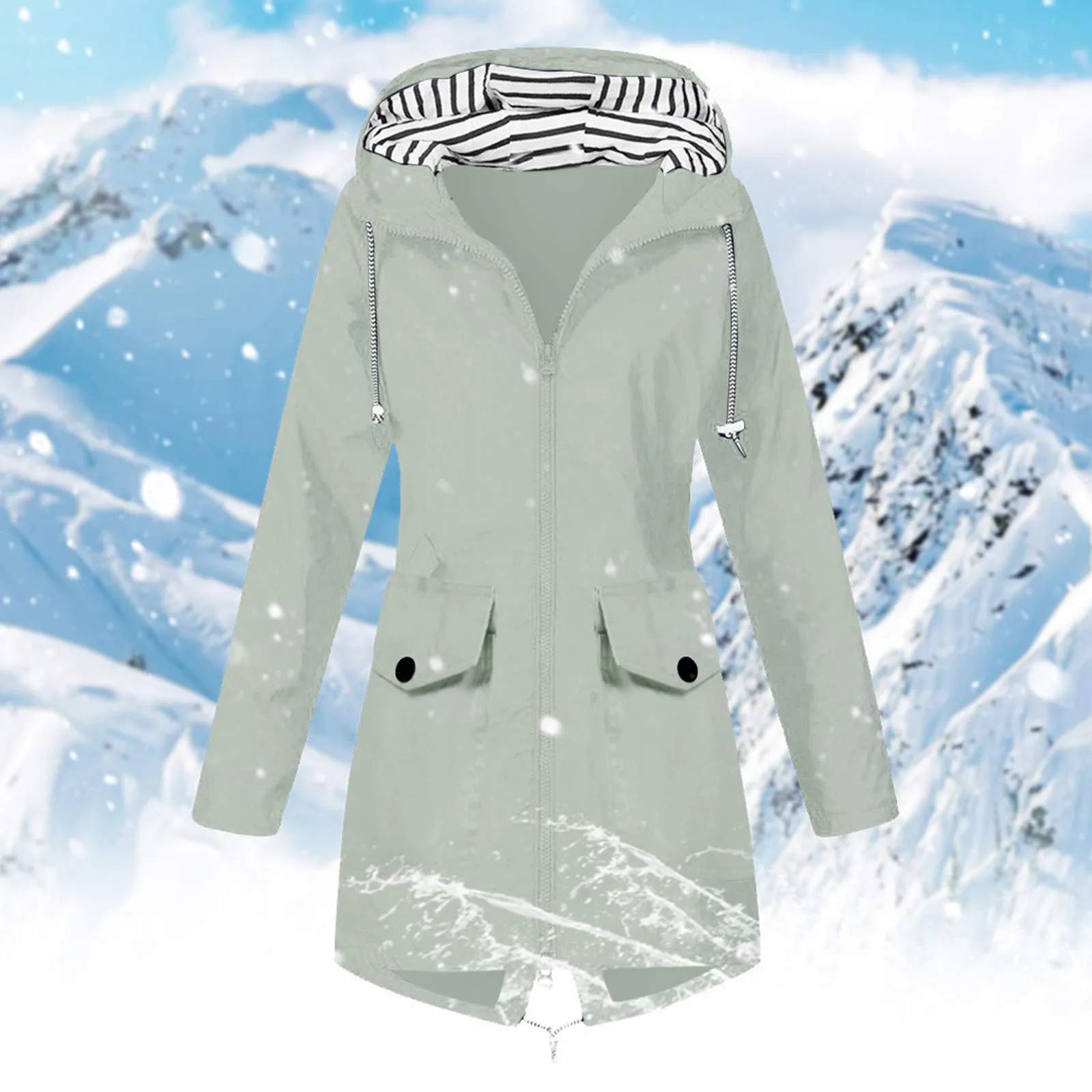 Women Casual Solid Color Long Coat Waterproof Zipper Rain Jacket Solid Color Outdoor Mountaineering Hooded Windproof Windbreaker
