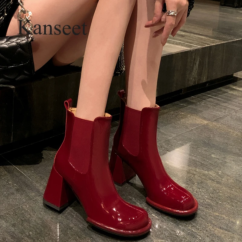 

Kanseet Women Short Boots Round Toe Wine Red Genuine Leather Lady Shoes High Heels Elastic Short Boot Big Sizes 42 Autumn Winter