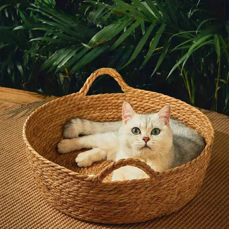 Handmade Rattan Cat Bed with Soft Cushion - Breathable Rattan Woven Pet Bed, Suitable for All Seasons As A Home Cat Mat