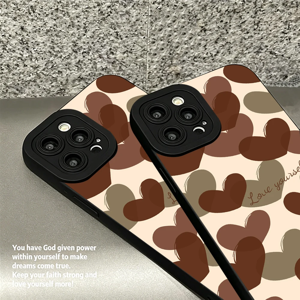 Cream Base Coffee Brown Heart Print Silicone Phone Case