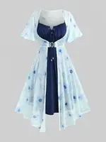 ROSEGAL Plus Size Flutter Sleeves Floral Dress and Lace-up A Line Cami Dress Set