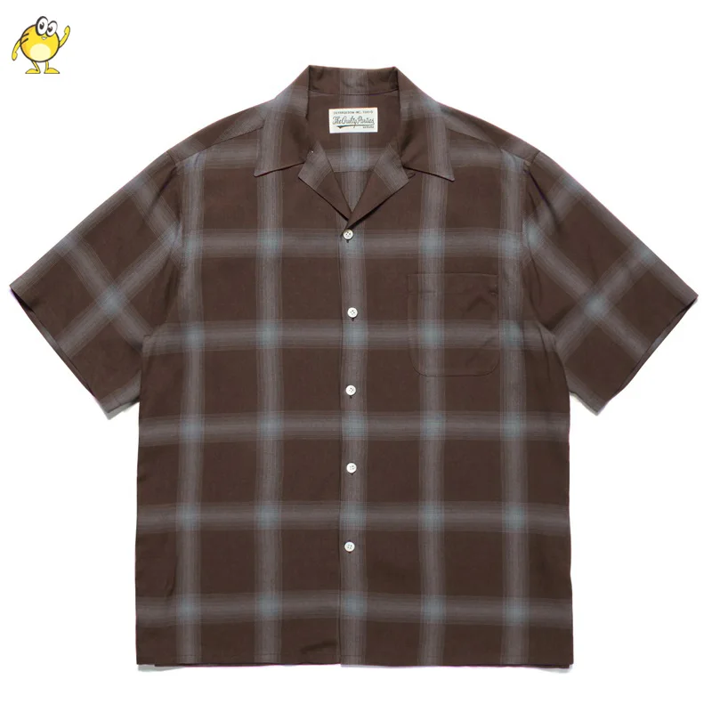 Blue Brown Purple WACKO MARIA Short Sleeve Lapel Shirt Men Woman Casual Loose Checkered Tops Hawaii