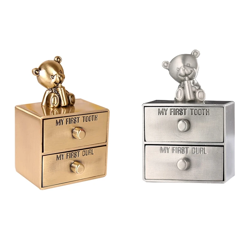 

First Curl And First Tooth Baby Teeth Storage Box Metal Tooth Holder Keepsake With 2 Drawer Tooth Box For Boy Or Girl