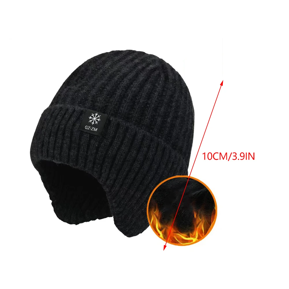 Outdoor Men Winter Knitted Hat Plush Warmth Peaked Cap Earmuff Casual Fashion Faux Fur Lined Bomber Hats Cycling Ear Protection