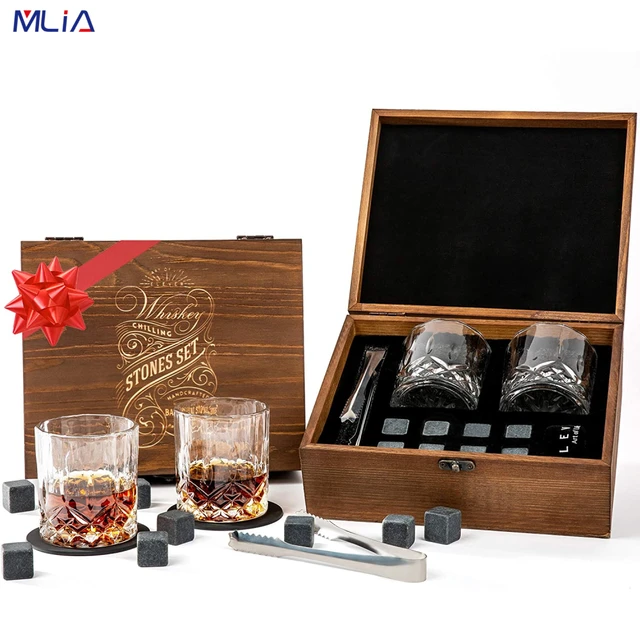 MLIA-Coffret cadeau en verre à whisky et à charbon, 2 verres dans une boîte  en bois, 8 roches réfrigérantes en granit, cadeaux pour hommes et papa